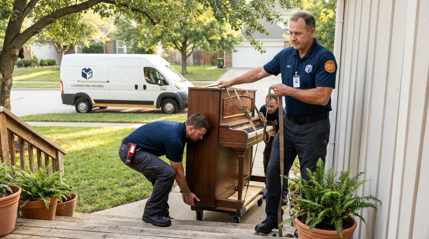 Licensed piano movers securing grand piano in Mount Wolf, PA