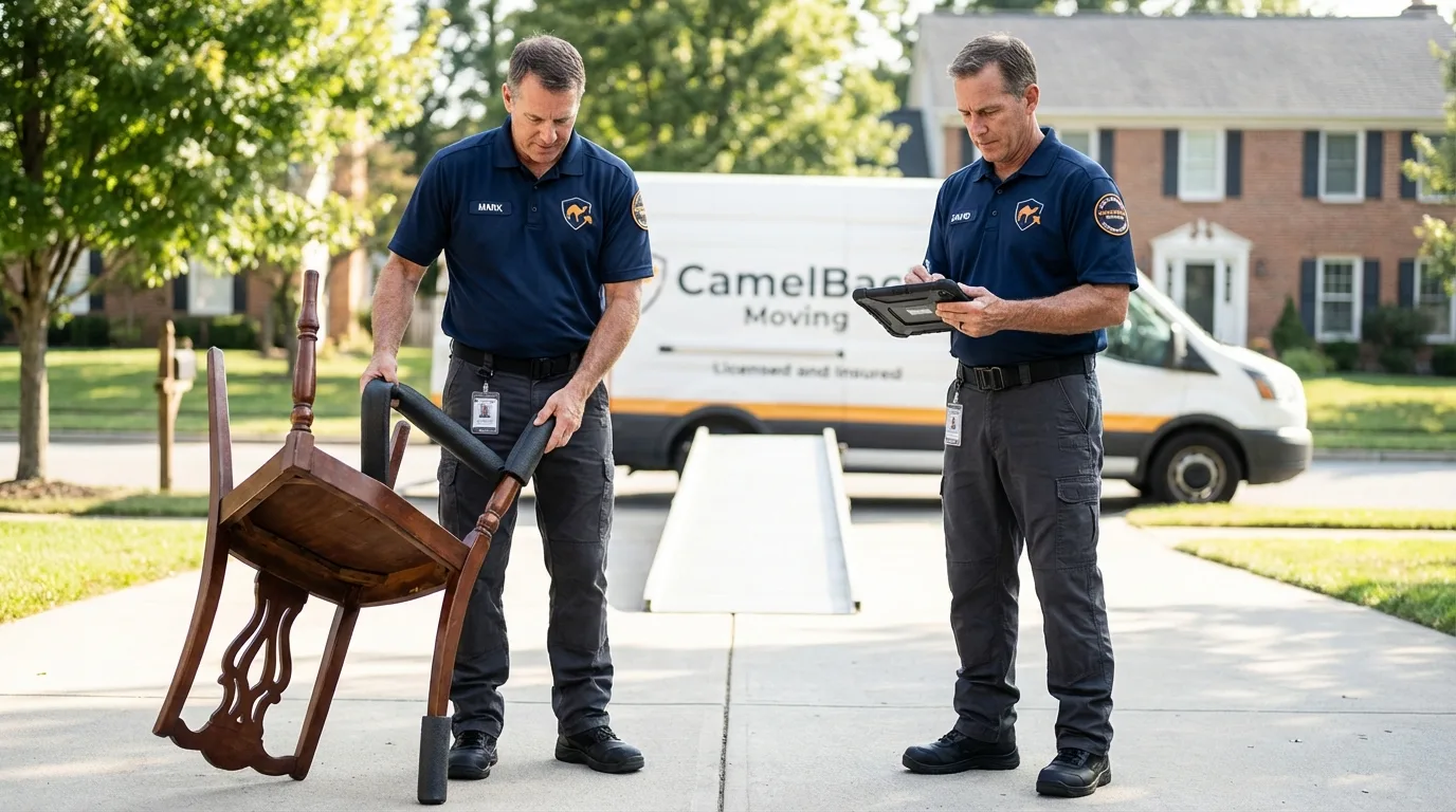 Movers inspecting furniture for damage prevention before loading in Mount Wolf, PA